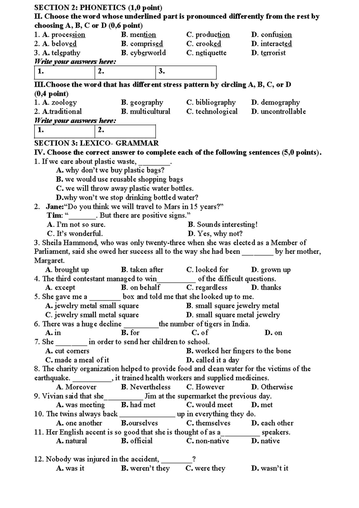 Phonetics & Grammar Practice Questions for Exam (Course Code: 1,0 ...