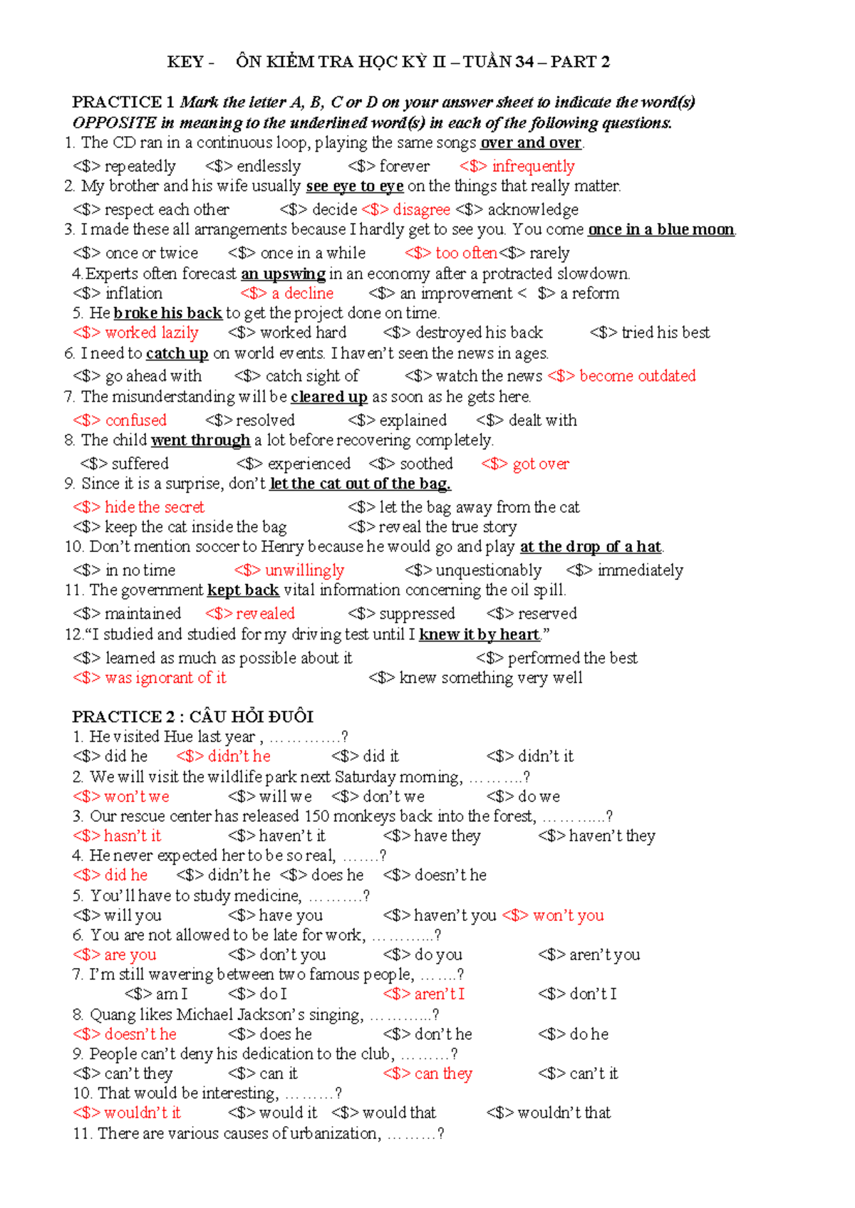 KEY BÀI ÔN TUẦN 34 PART 2 - KEY - ÔN KIỂM TRA HỌC KỲ II – TUẦN 34 ...