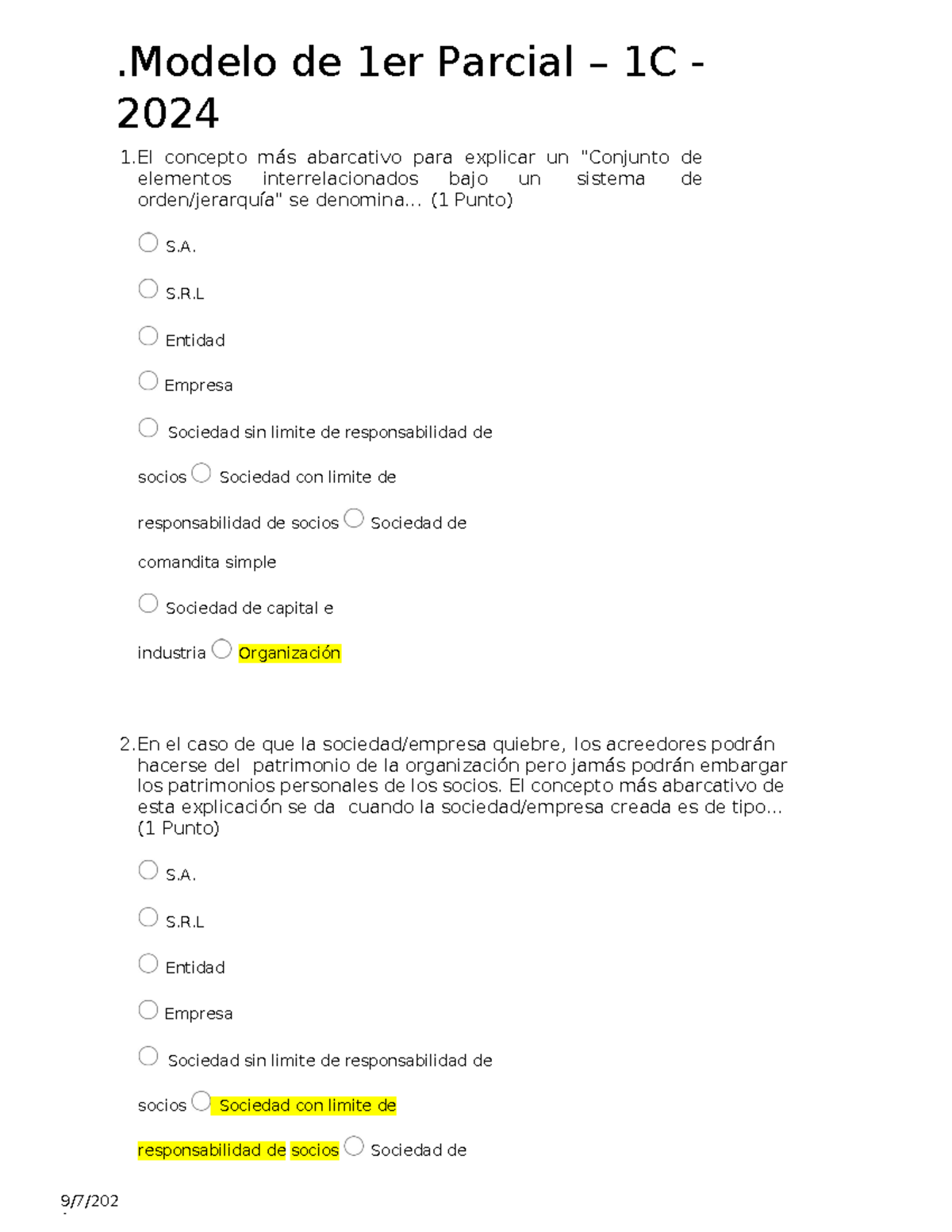 Modelo de Parcial Teoría 1C 2024: Elementos de Sociedades Comerciales ...