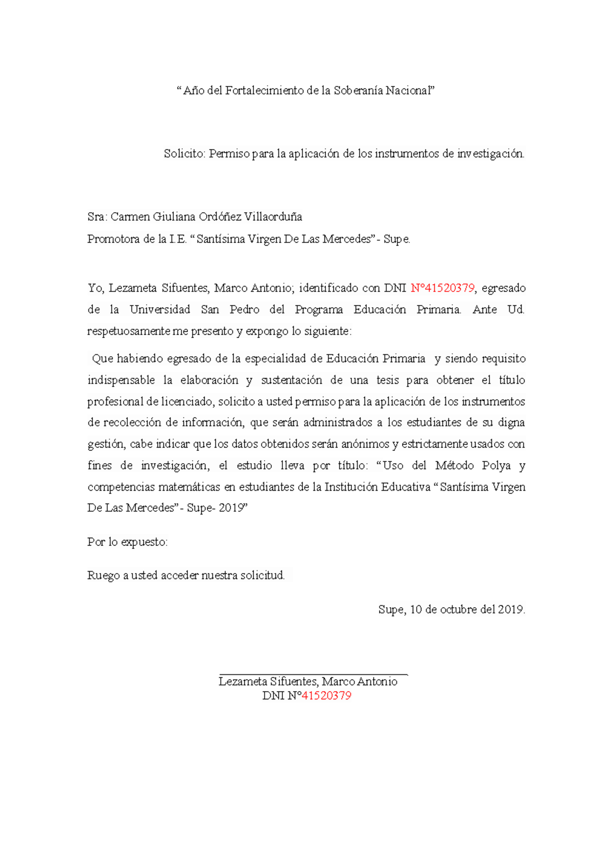 Solicitud de Permiso para Instrumento de Investigación - I.E. "Santísima Virgen" - Document Preview