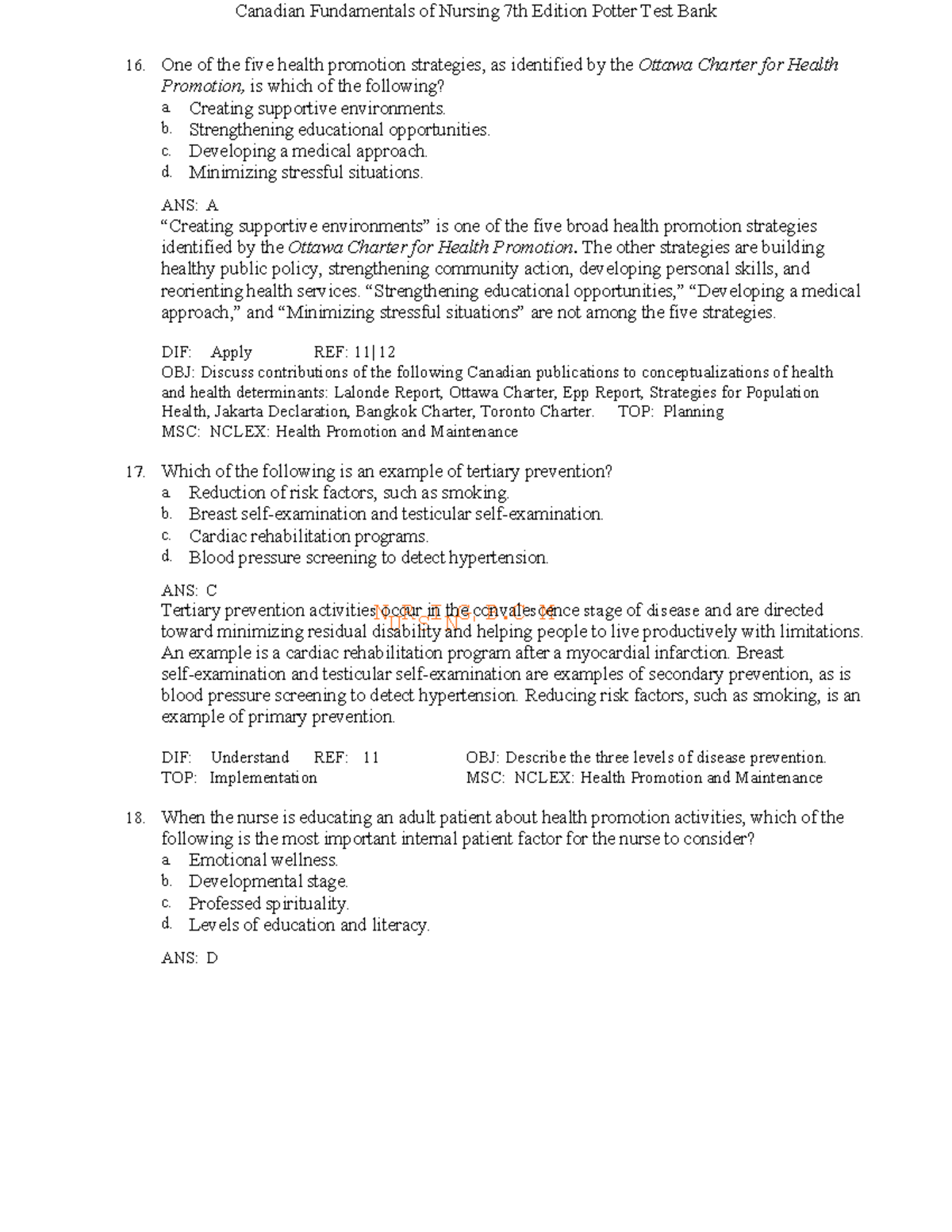 Canadian Fundamentals of Nursing 7th Ed. Potter Test Bank Insights ...
