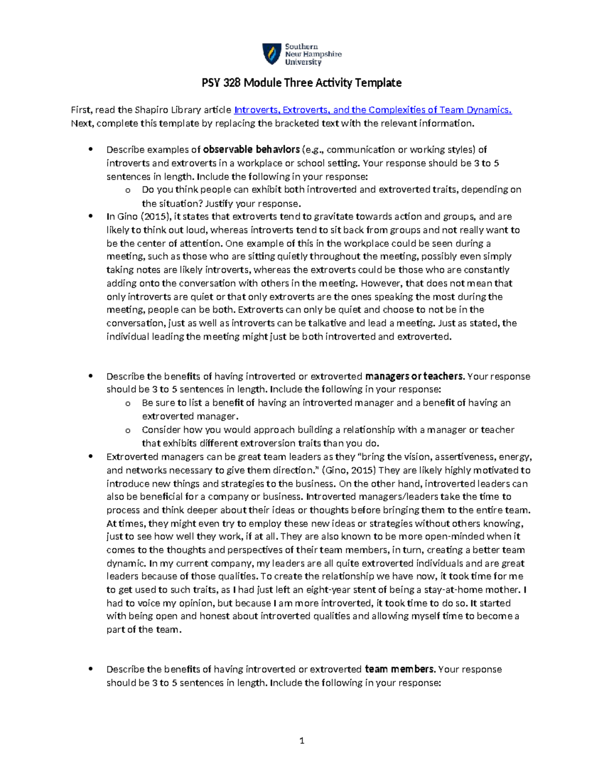 PSY 328 Module 3 Activity: Exploring Introversion and Extroversion in ...