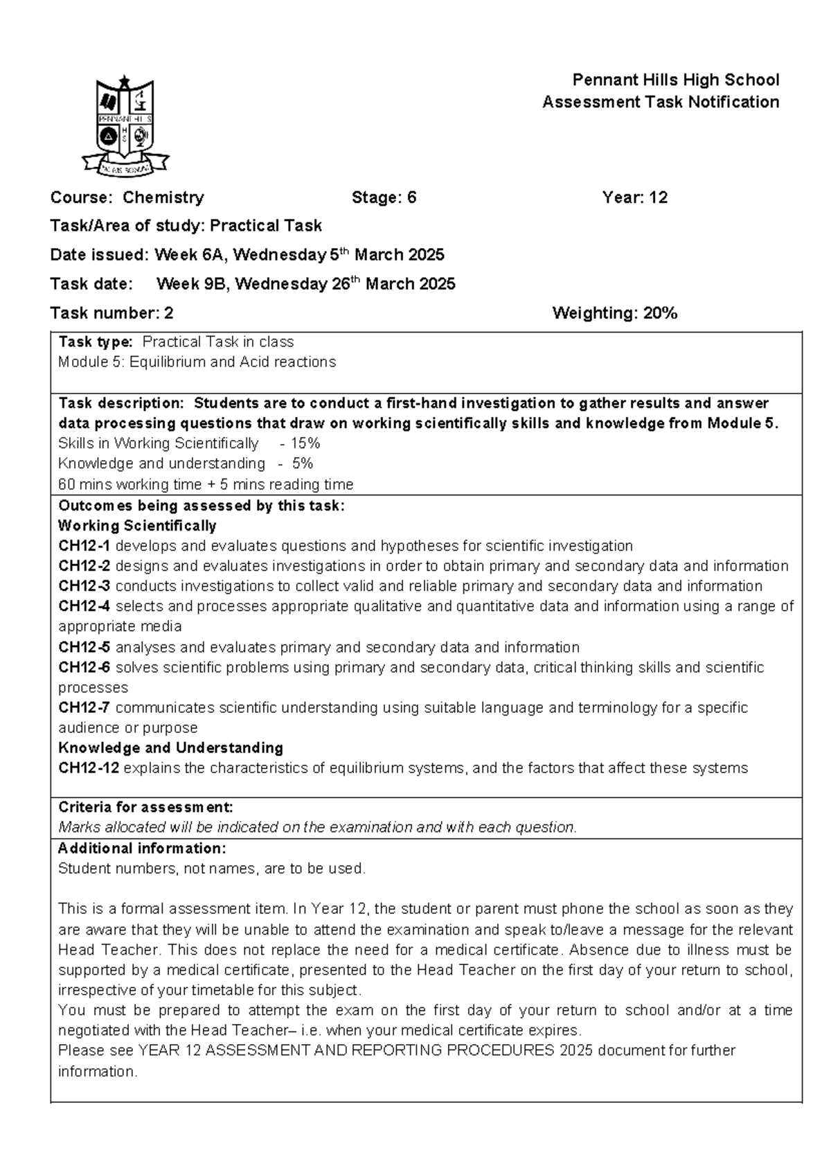 Year 12 2025 Task 2 Notification - Pennant Hills High School Assessment ...