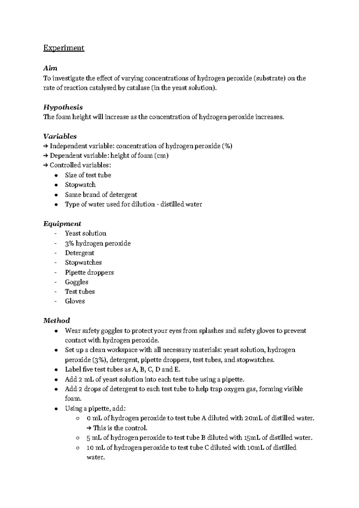 Bio 101: Catalase Experiment - Effect of H2O2 Concentration on Enzyme ...