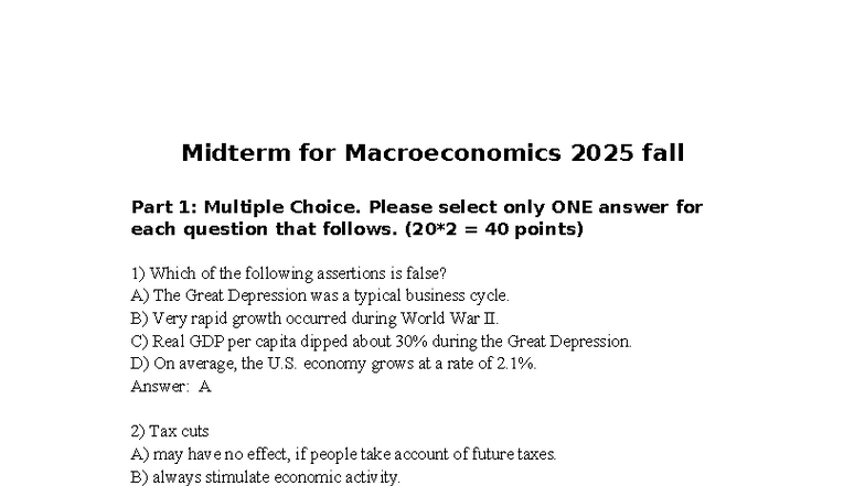 Midterm Exam for Macroeconomics 2025: Part 1 & 2 Answers - Studocu