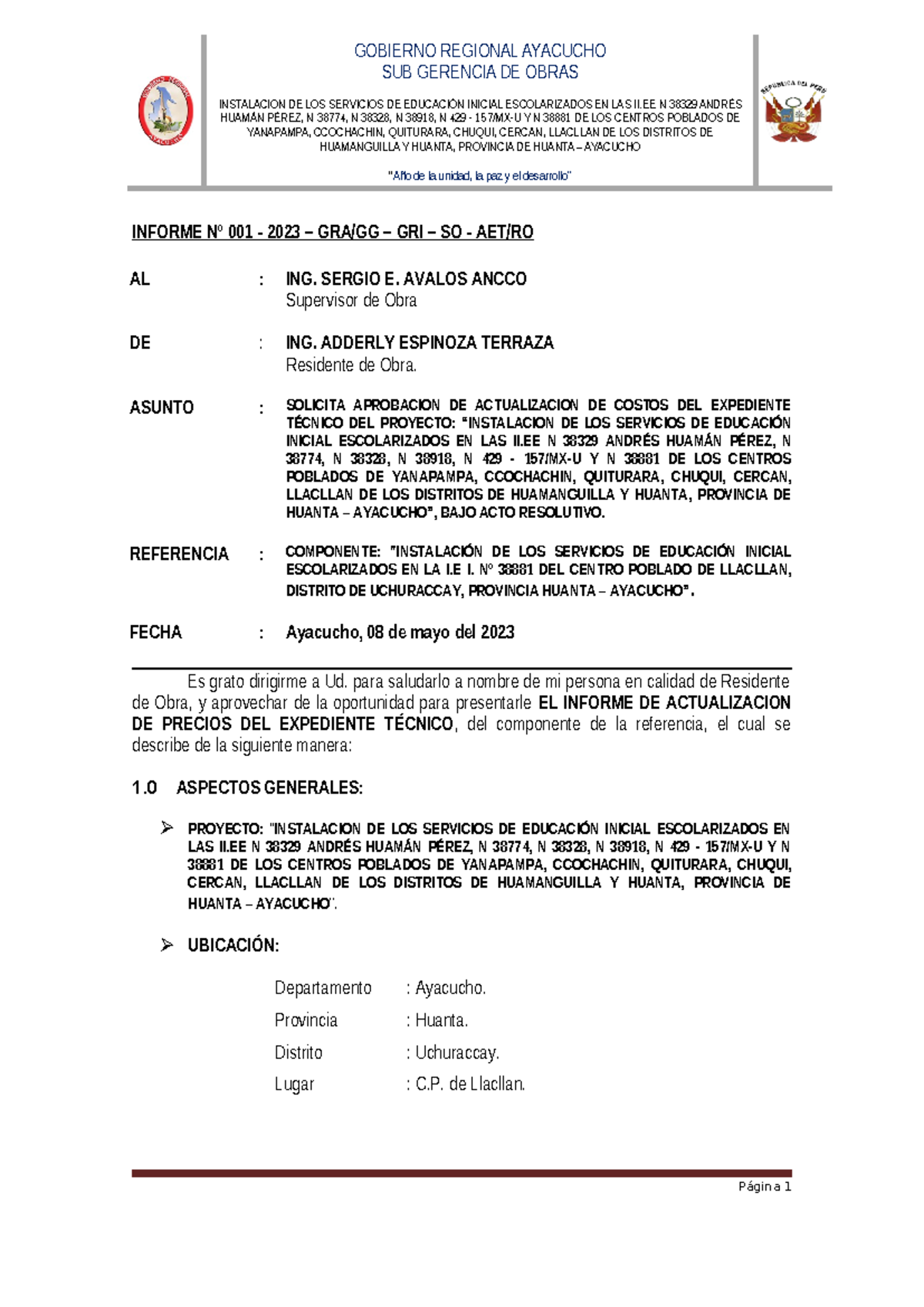 Informe Técnico de Actualización de Costos - Proyecto II.EE N 38329 - Document Preview