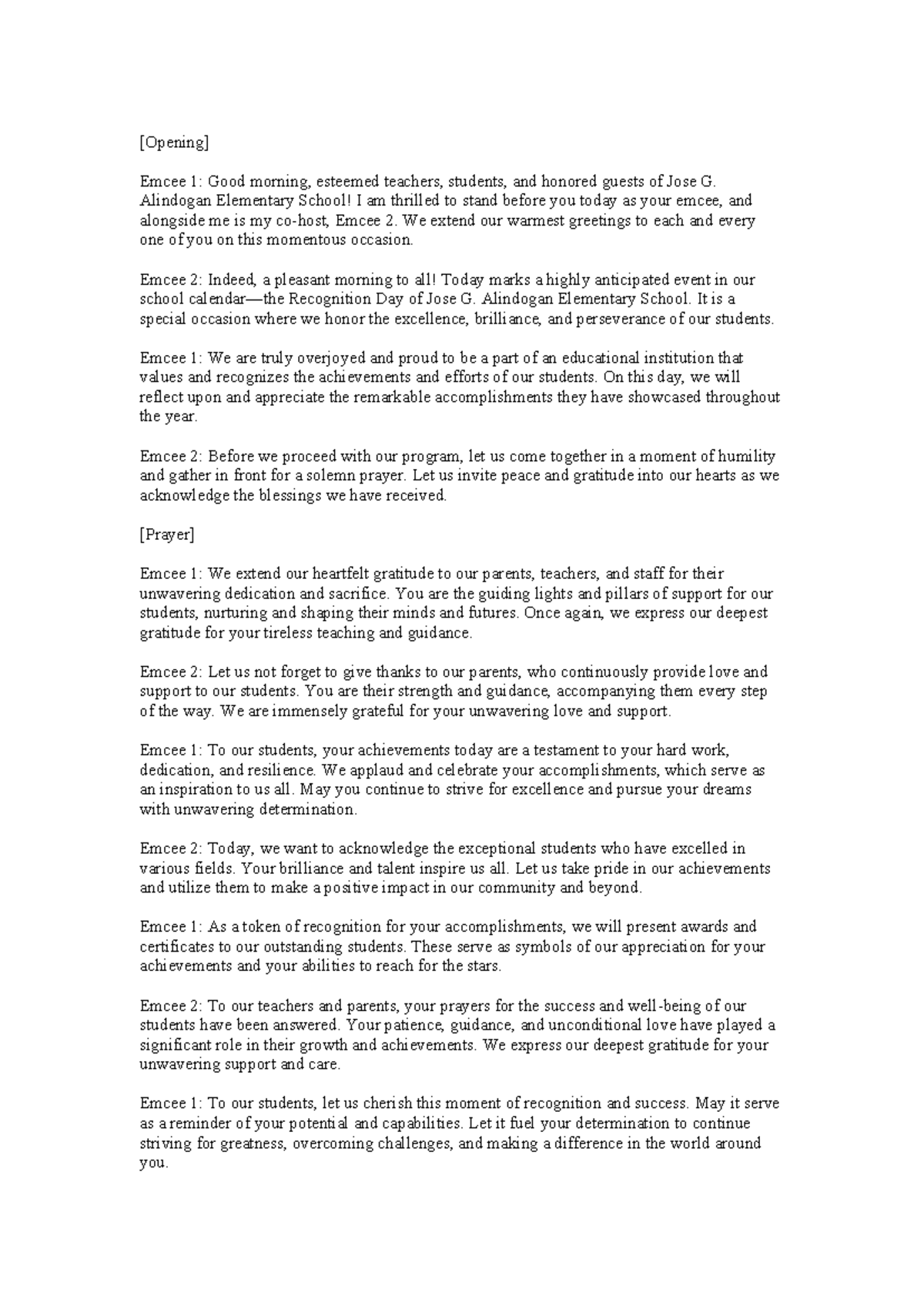 Recognition Day program script - KDNSJO - Studocu