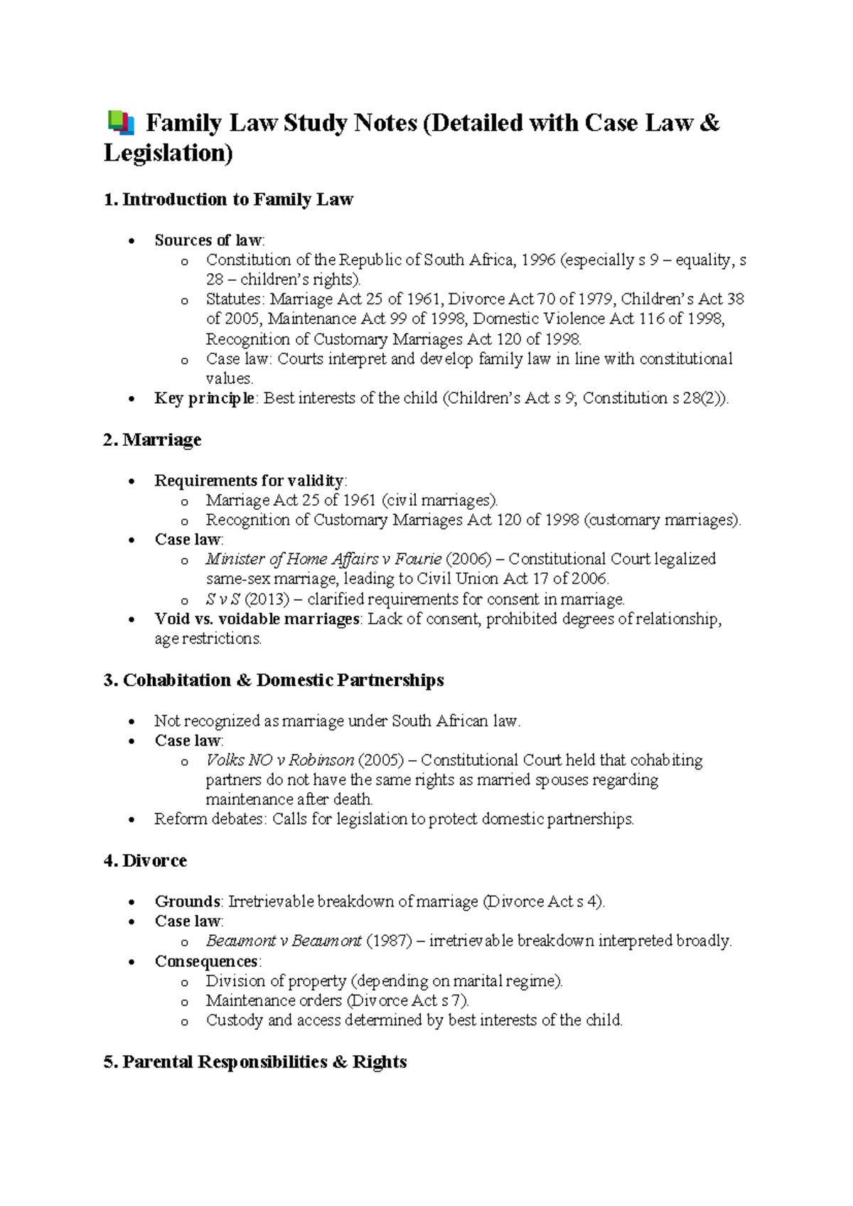 Family Law Study Notes (Detailed with Case Law & Legislation) - Studocu