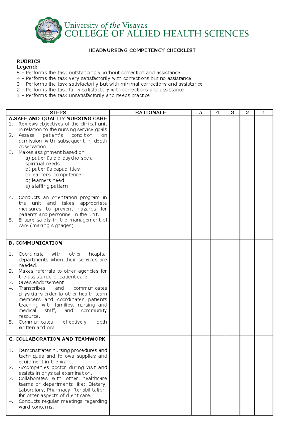 HEADNURSING- Competency Checklist for Clinical Practice Evaluation ...