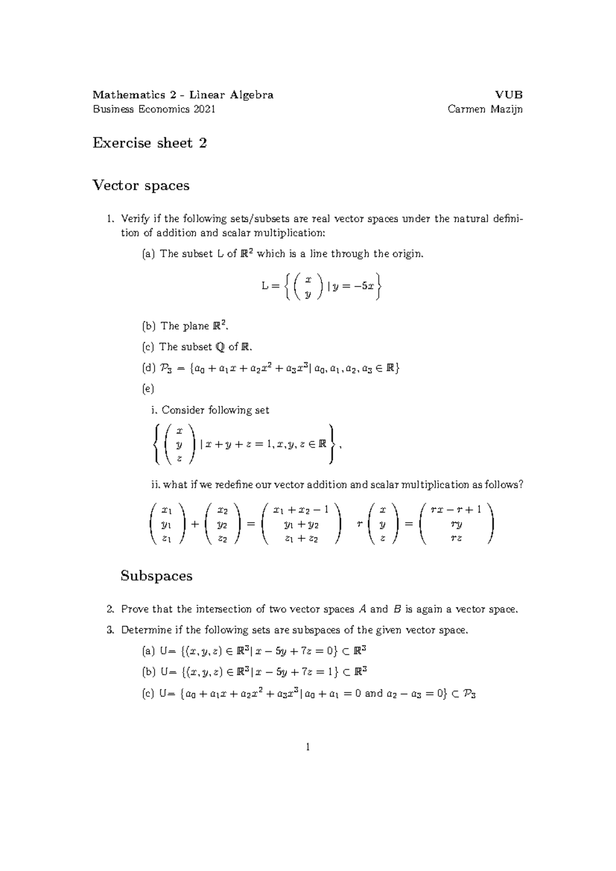 LA WPOS(1) Solutions for Linear Algebra Exercises - 2021 - Studocu