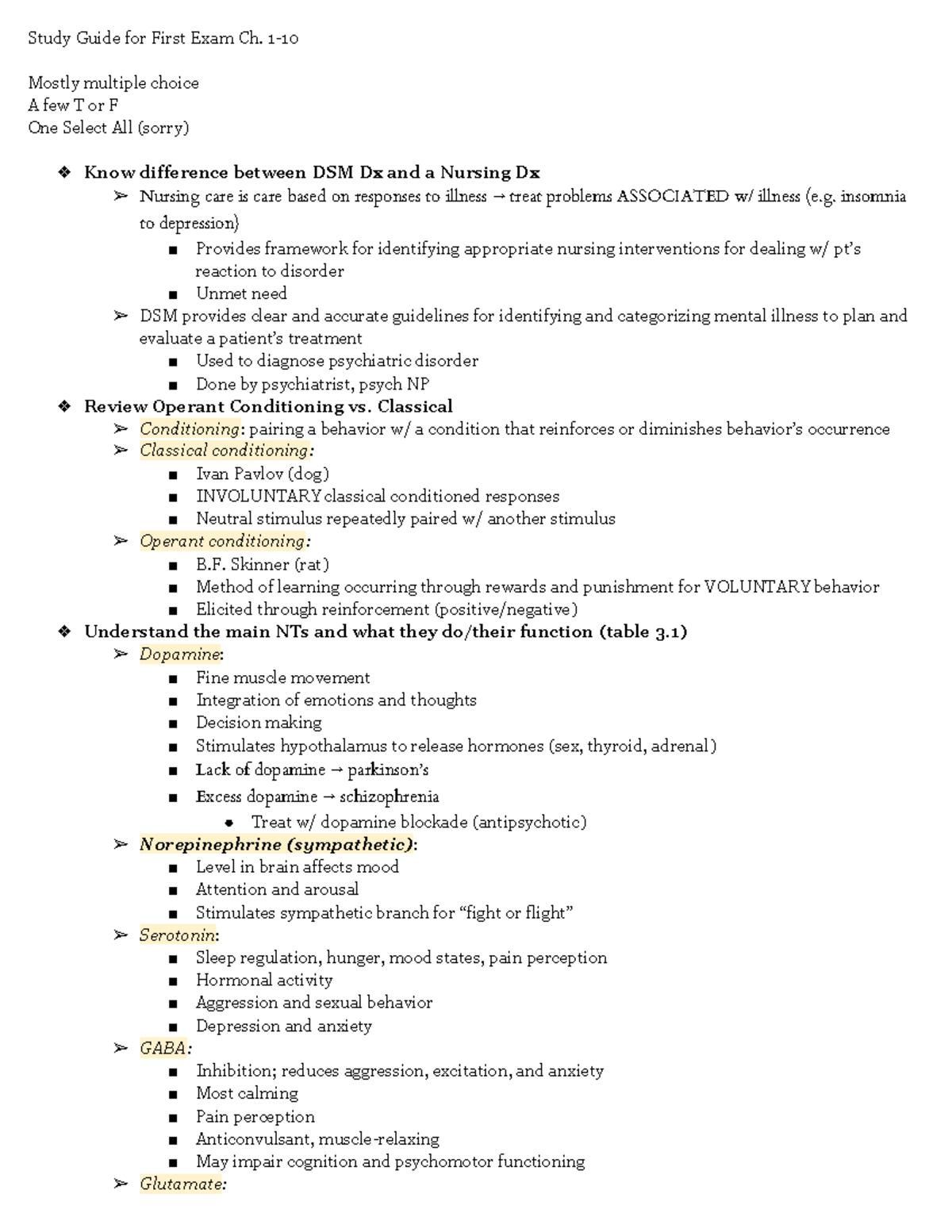 Psych Exam 1 Study Guide: Key Concepts and Nursing Interventions - Studocu