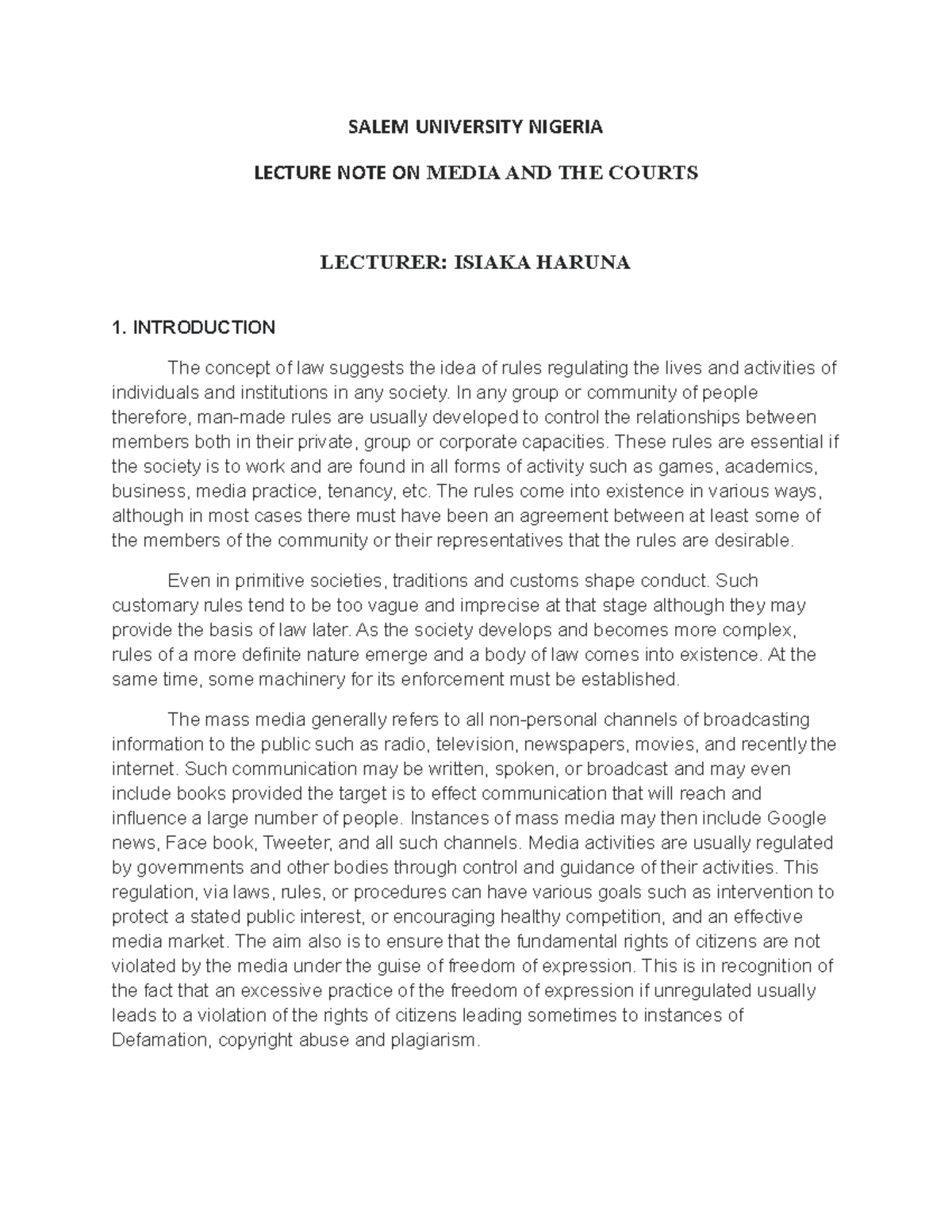 Lecture Note on Media Law and Ethics: Understanding Defamation & Courts ...