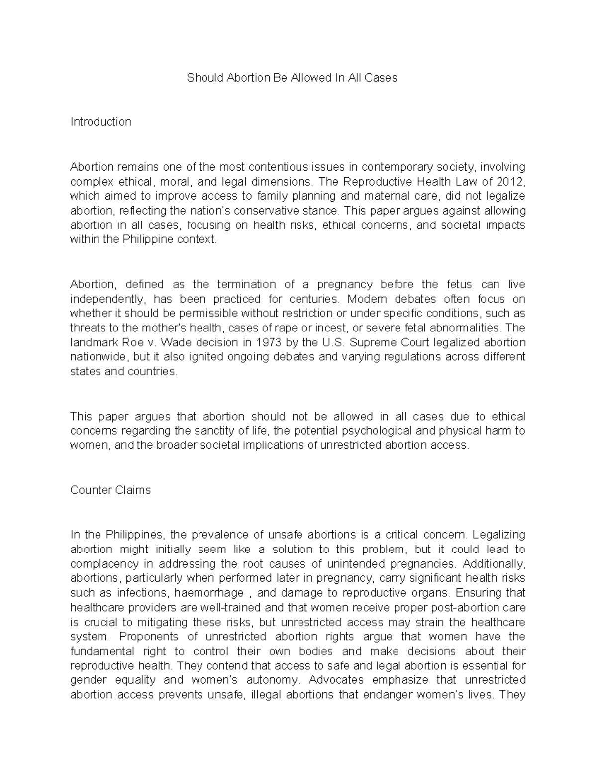 Hannah. position paper - Should Abortion Be Allowed In All Cases ...
