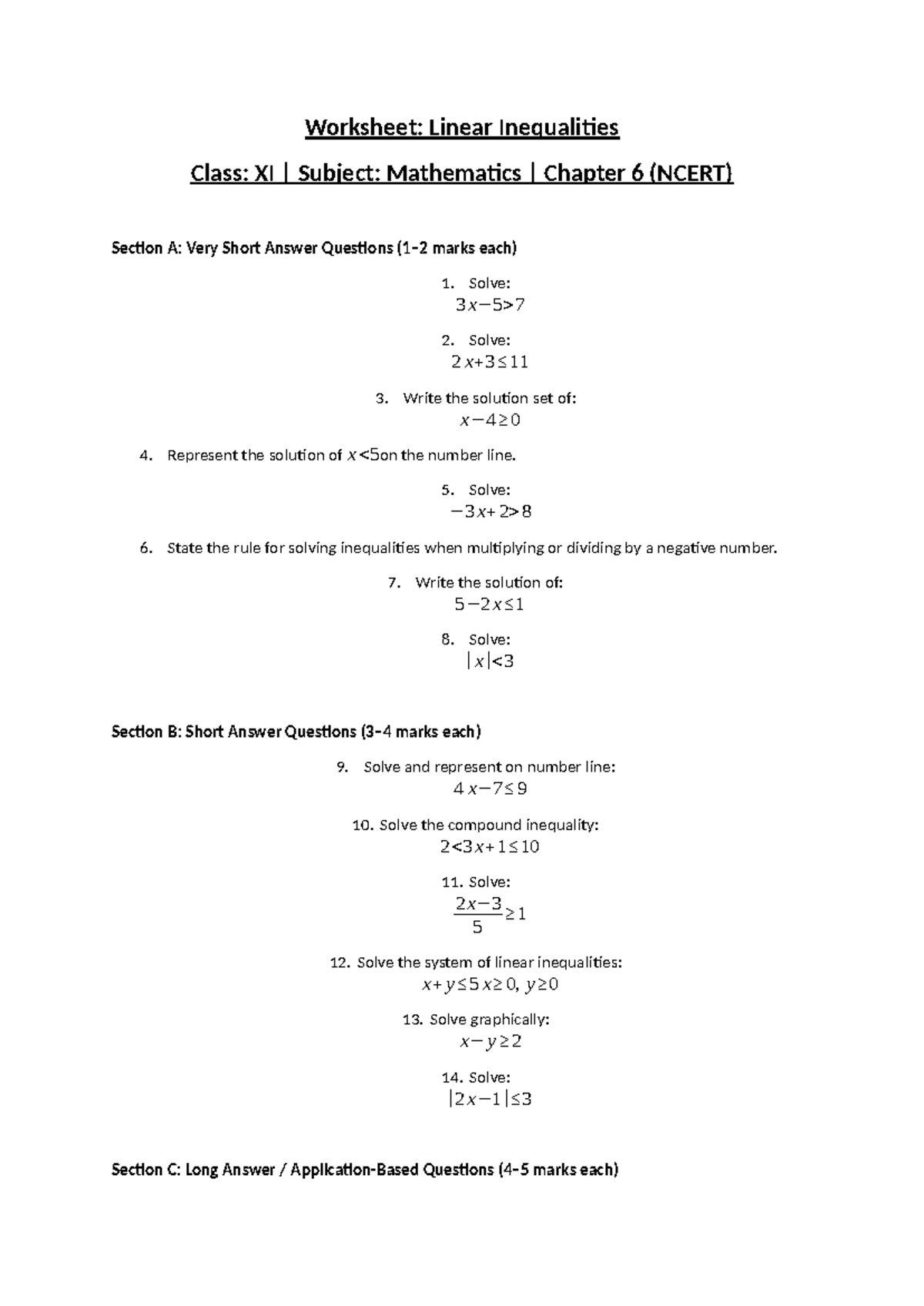 Worksheet: Linear Inequalities Class XI - Mathematics Chapter 6 - Studocu