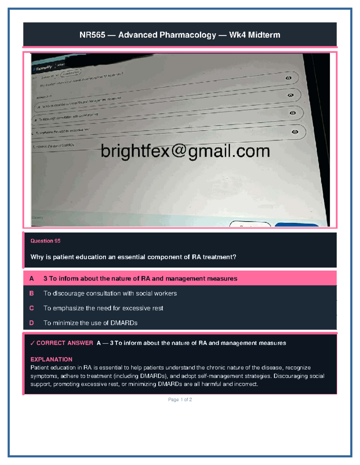 NR565 Wk4 Midterm Exam - Patient Education in RA Treatment - Studocu