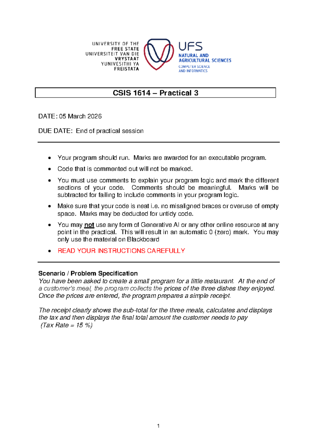 CSIS 1614 Practical 3: Restaurant Receipt Program Guidelines - Studocu