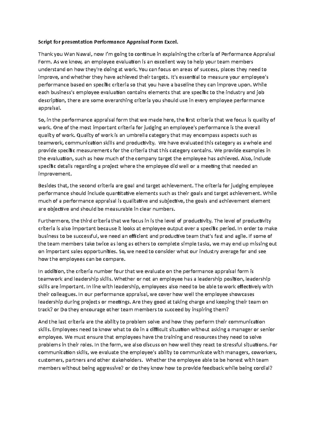 Performance Appraisal Form Script - HRM544 Presentation Notes - Studocu