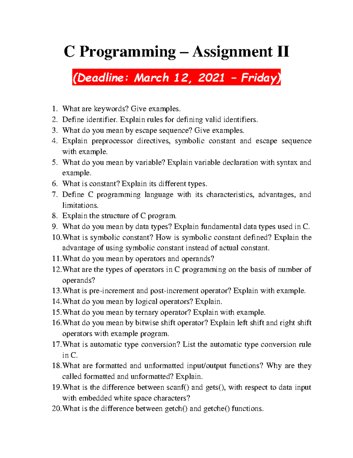 C Programming - Assignment II (CS101) - Key Concepts & Questions - Studocu