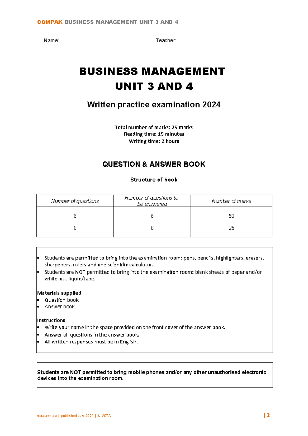 2024-Business Management Compak Practice exam unit 3 and 4 - Name
