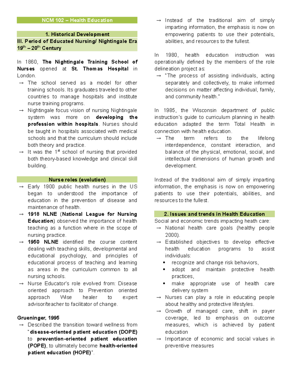 NCM 102 - Historical Development of Health Education Insights - Studocu