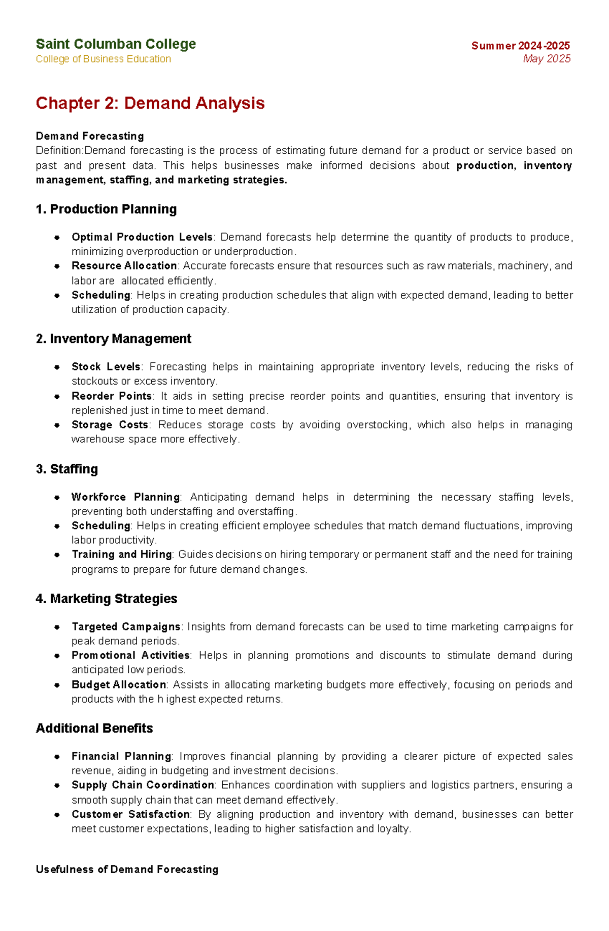 Saint Columban College Business Education Summer 2025 Lesson 2: Demand ...