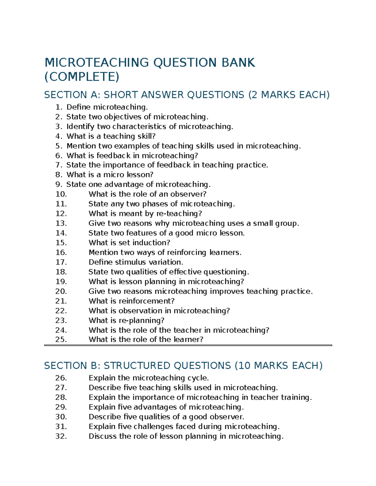 MICROTEACHING ASSESSMENT QUESTION BANK (COMPLETE) - Studocu