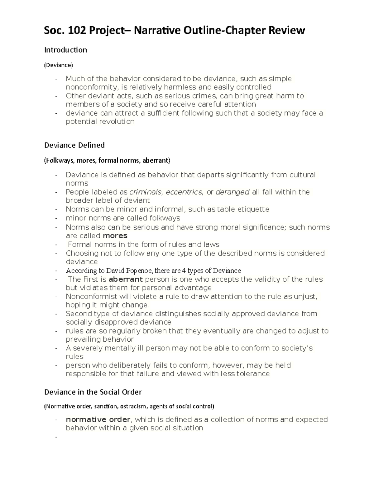 Soc. 102 Final Exam Outline: Chapter 5 Review on Deviance - Studocu