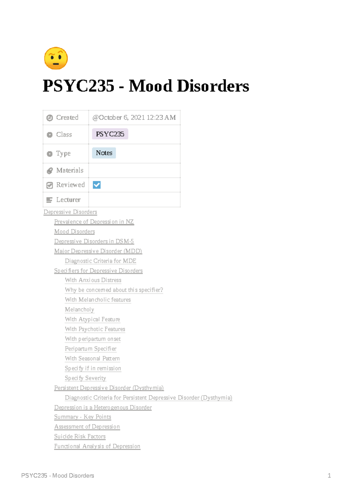 PSYC235 - Comprehensive Lecture Notes on Mood Disorders - Studocu