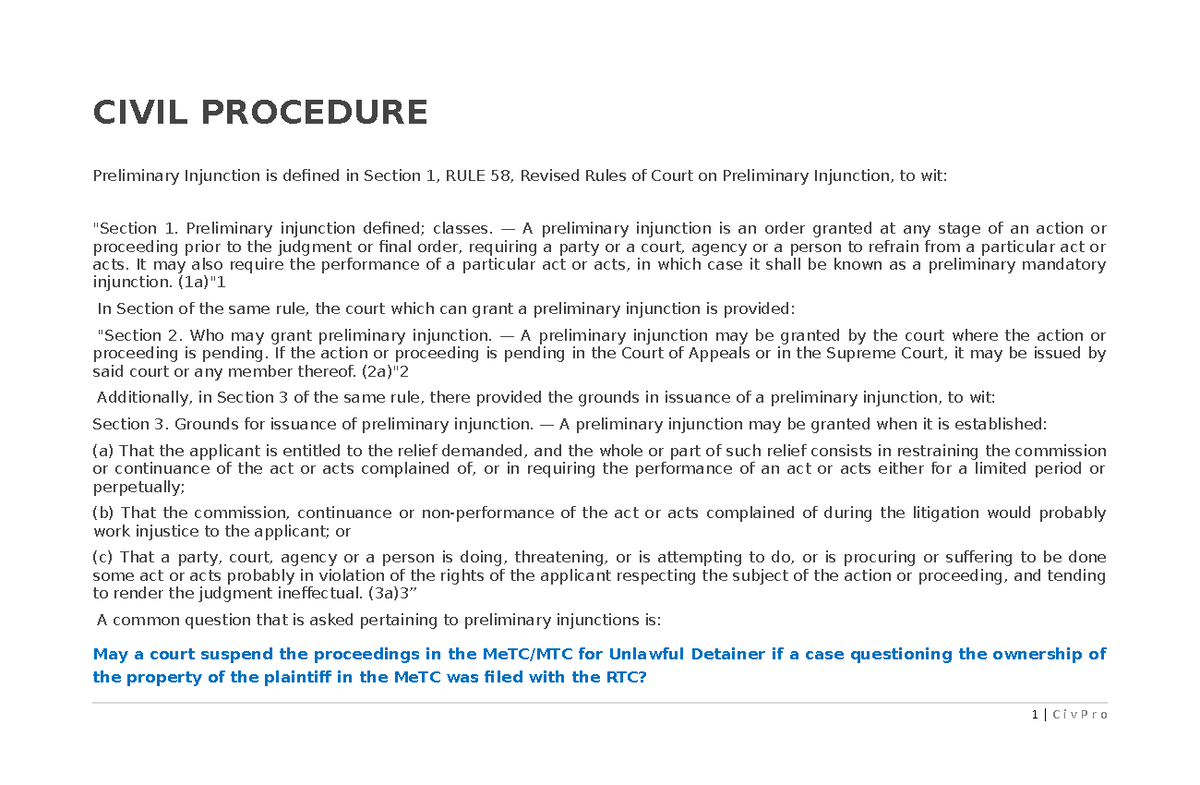Civil Procedure Notes: Preliminary Injunction & Forum Shopping - Studocu