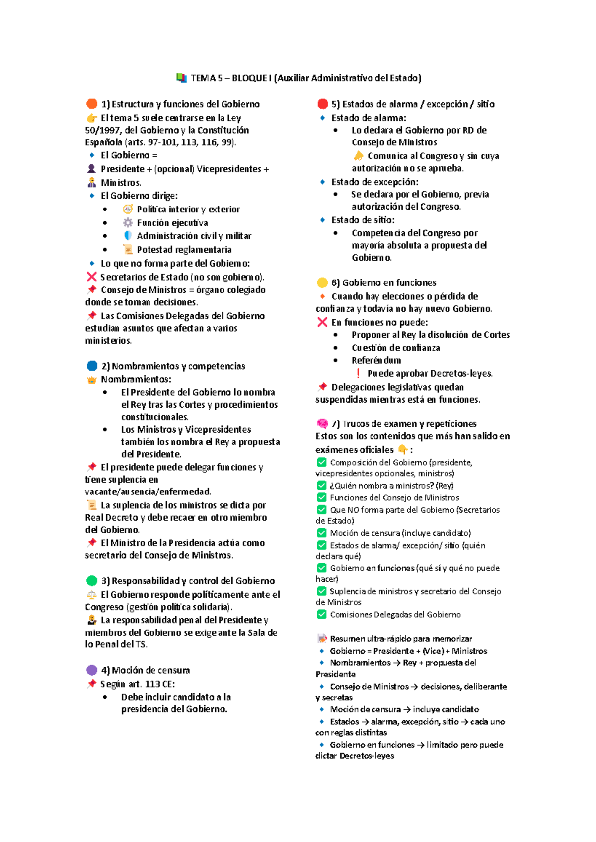Resumen Tema 5: Estructura y Funciones del Gobierno (Aux. Adm. Estado ...