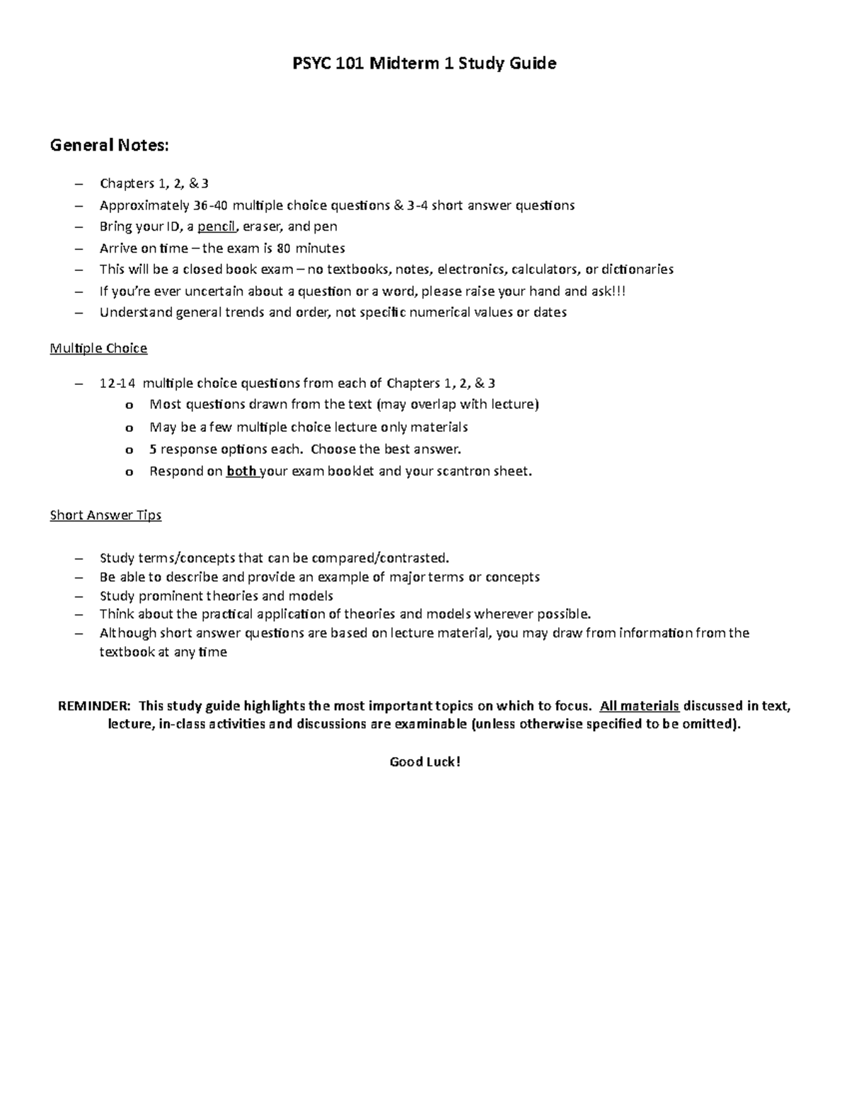 PSYC 101 Midterm 1 Study Guide: Key Concepts and Review Tips - Studocu