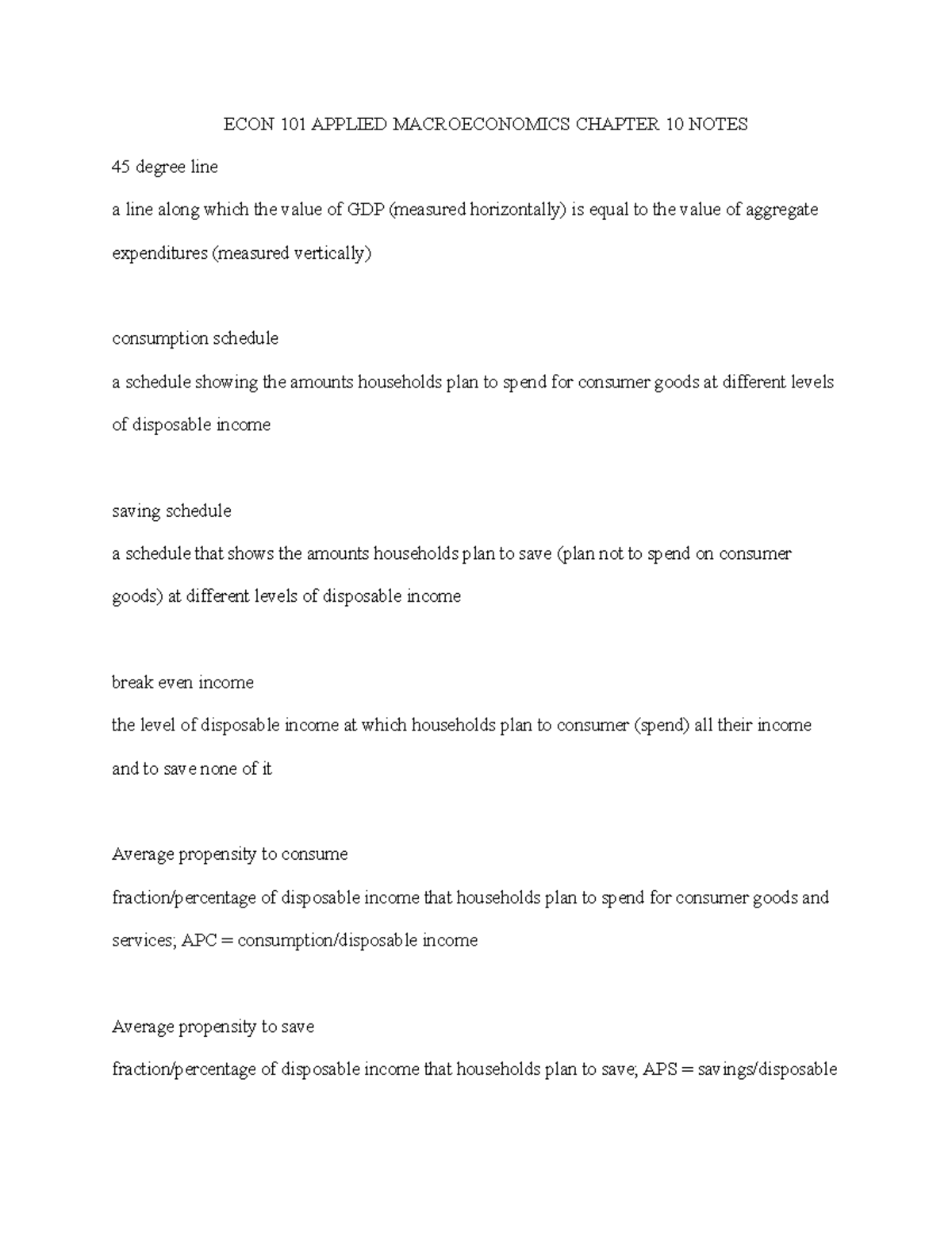 ECON 101 Applied Macroeconomics Chapter 10 Study Notes Overview - Studocu