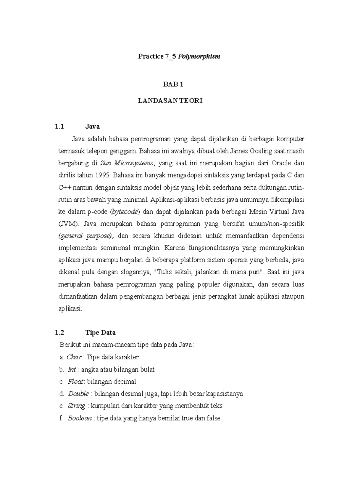 Praktik 7.5: Memahami Polimorfisme dalam Pemrograman Java - Studocu