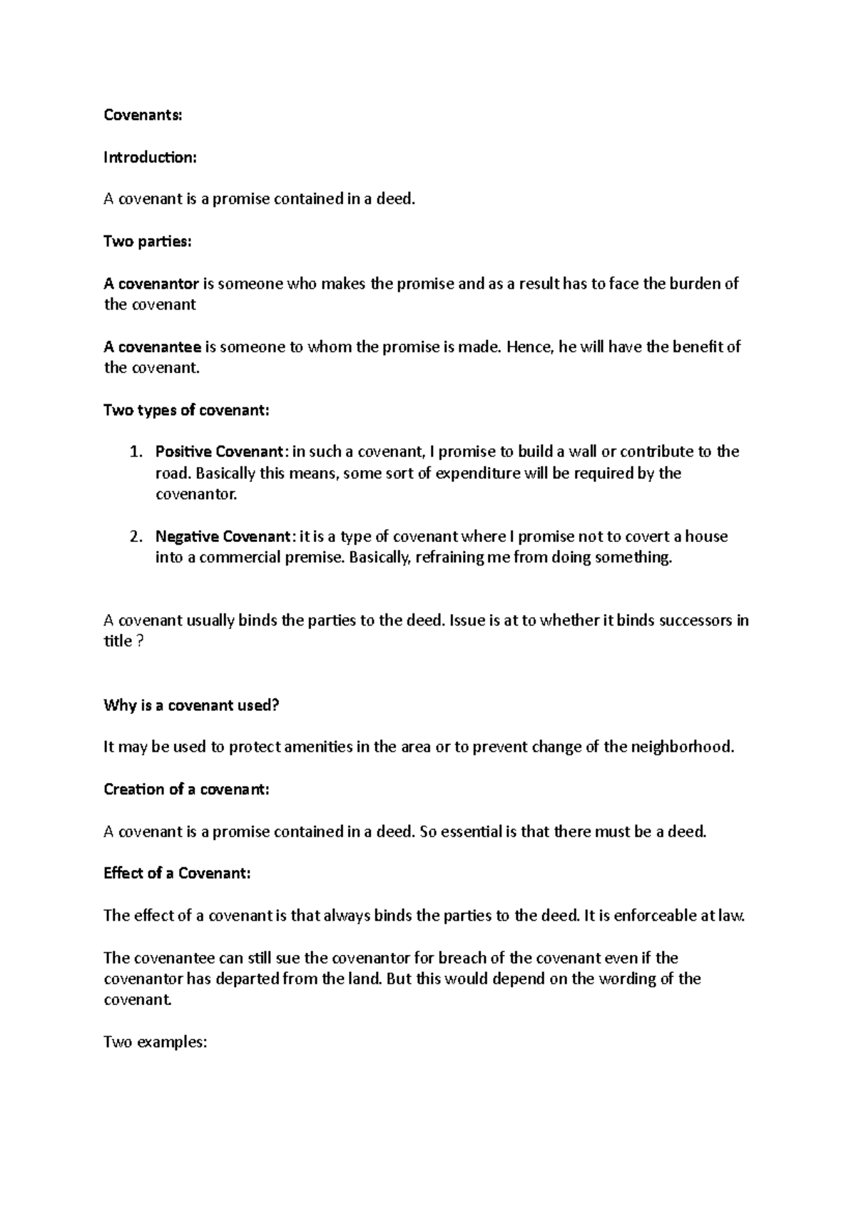 Covenants: Understanding the Roles, Types, and Enforcement in Law - Studocu