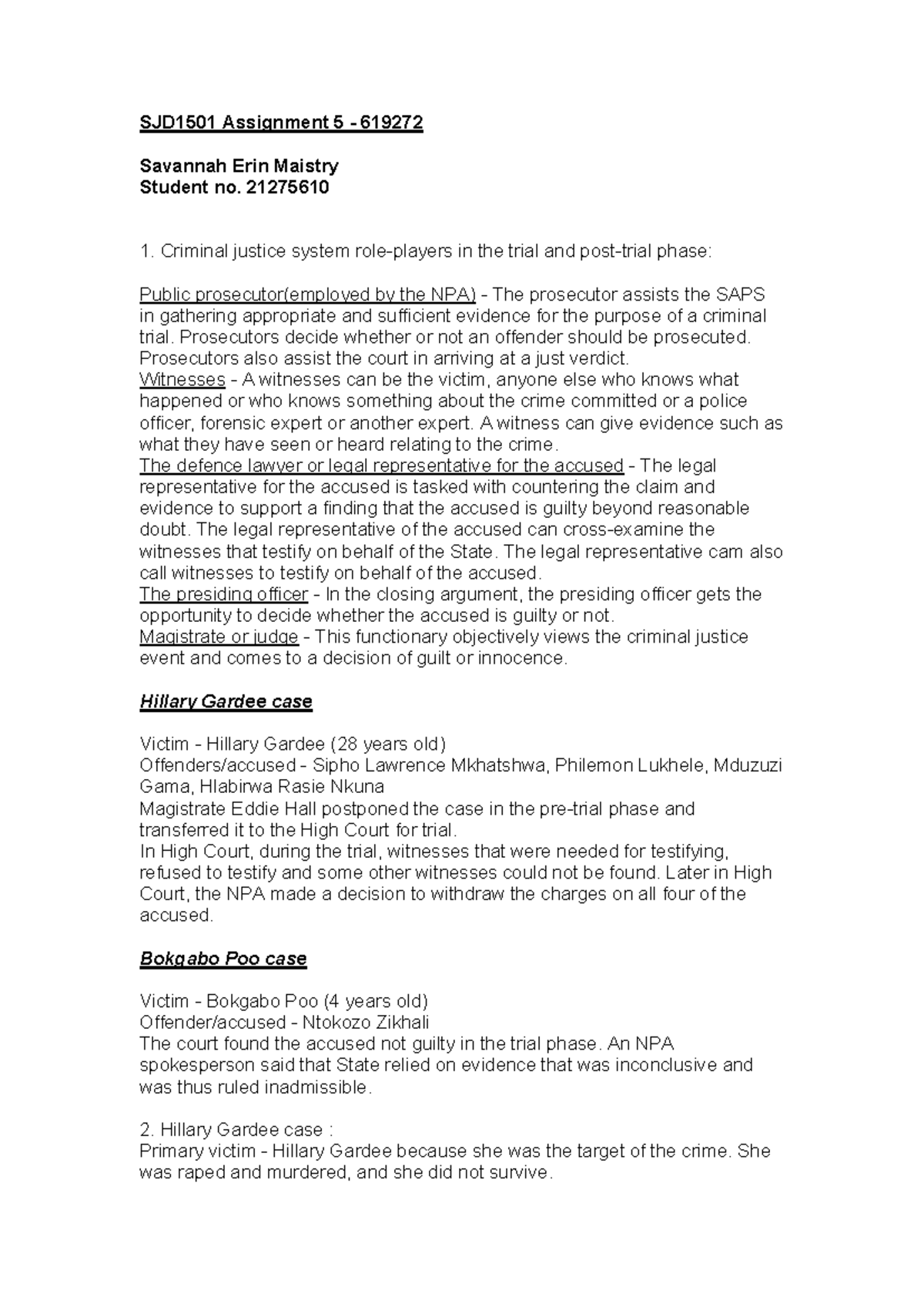 SJD1501 Assignment 5: Analysis of Criminal Justice Trials and Cases ...