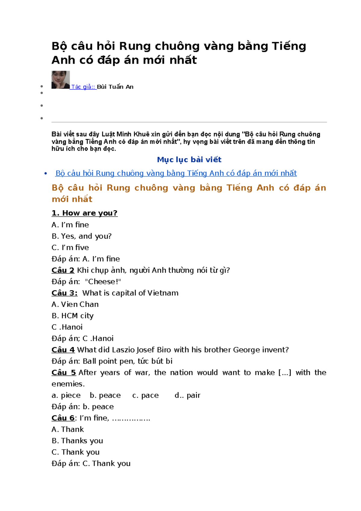 111 CÂU HỎI THI RUNG CHUÔNG VÀNG TIẾNG ANH DÀNH CHO HỌC SINH LỚP 4
