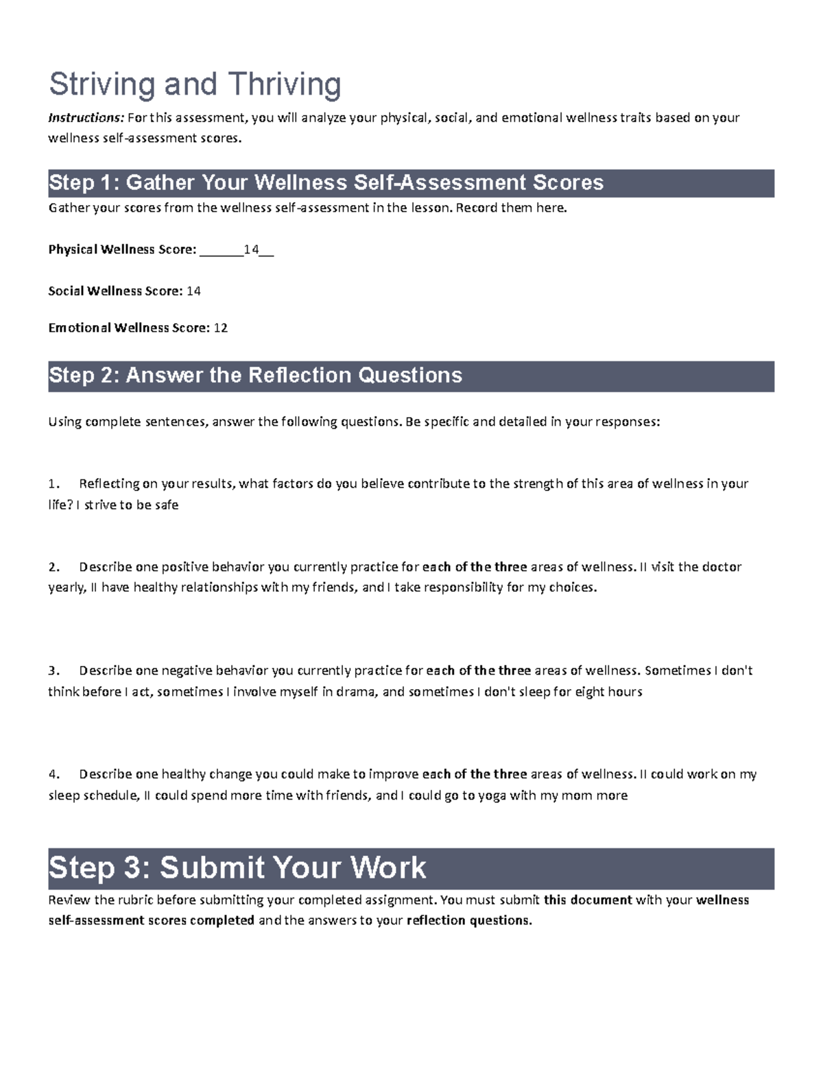 Copy of 4.03 Striving and Thriving Wellness Reflection Assignment - Studocu