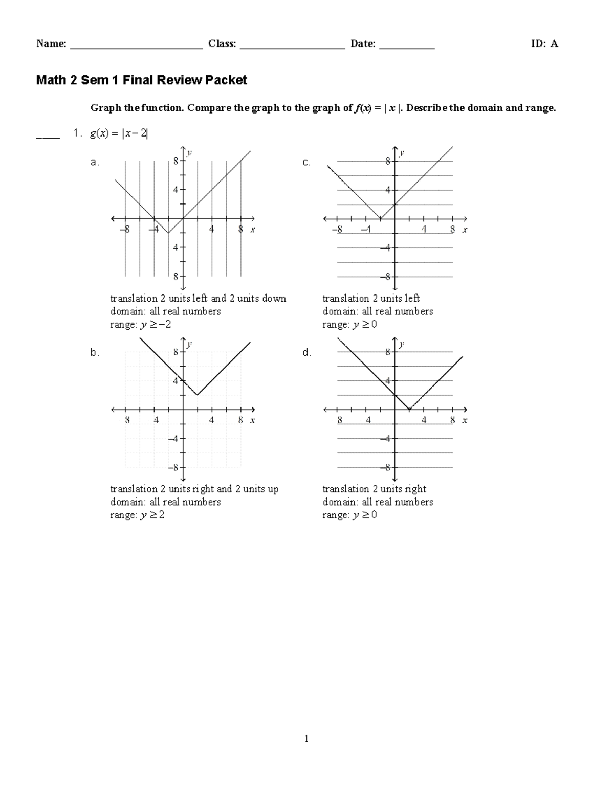 Math 2 Sem 1 Final Review Packet: Functions, Graphs, and ...