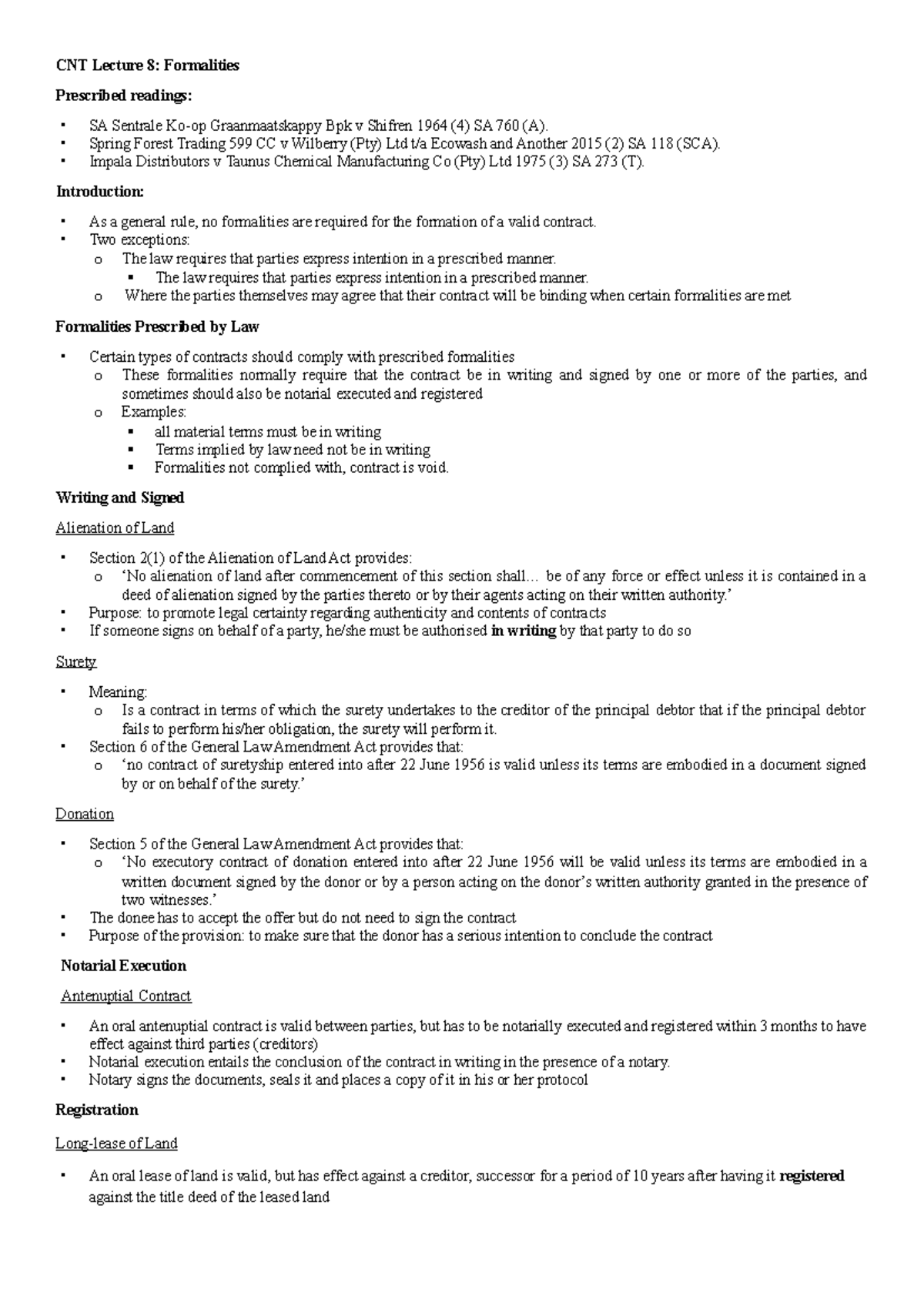CNT Lecture 8: Formalities in Contract Law and Case Summaries - Studocu