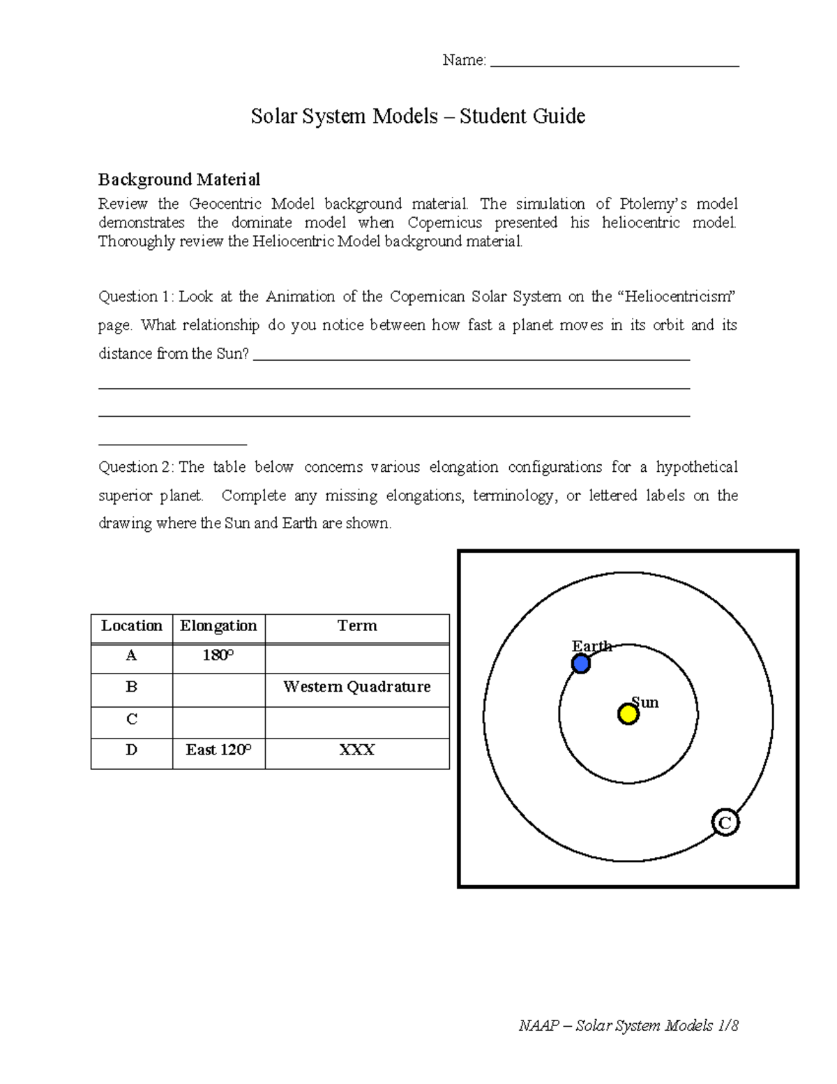 Naap ssm sg - hard - C Sun Earth Name: Solar System Models – Student ...