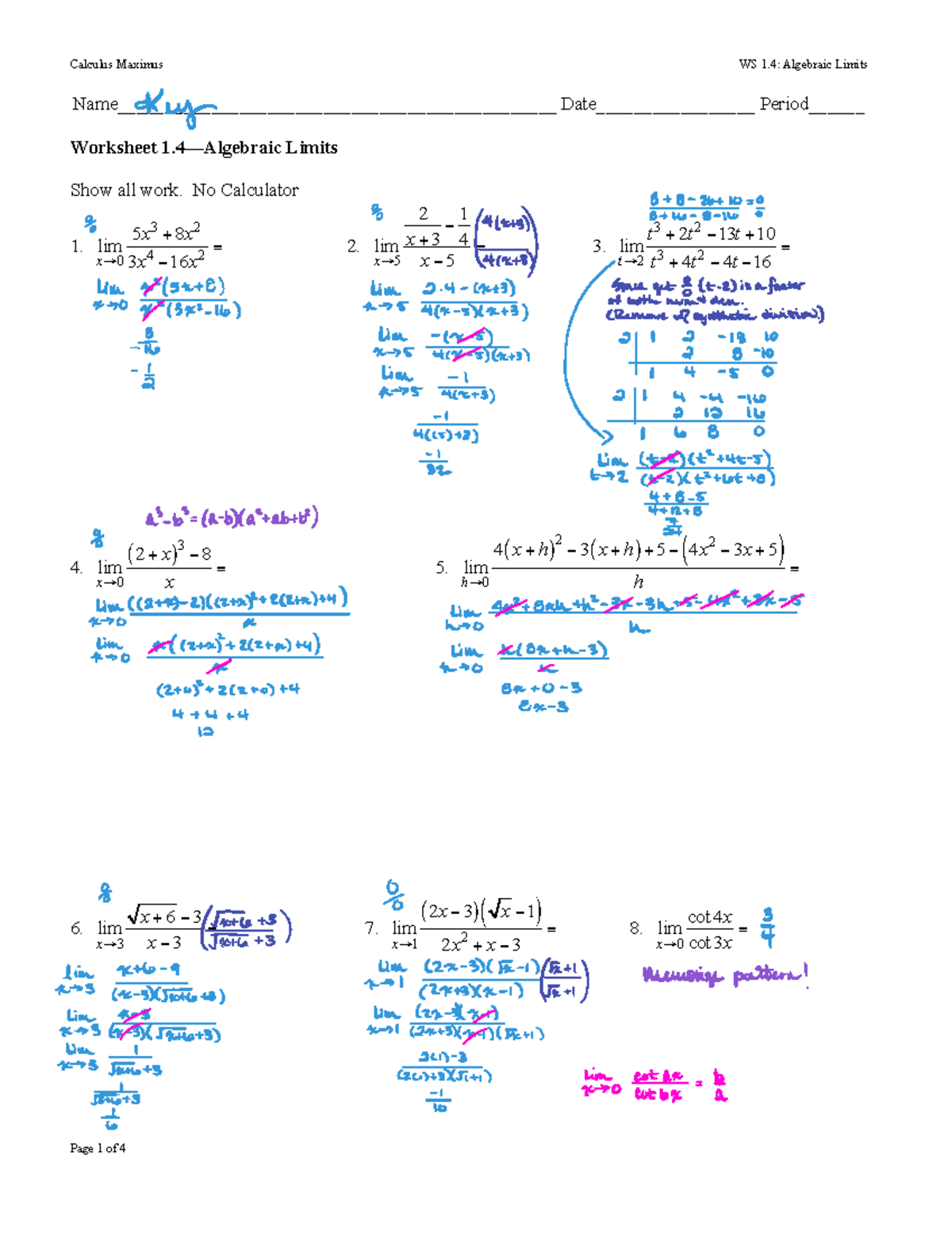 Calculus Maximus WS 1.4: Algebraic Limits Practice Key - AP Calculus AB ...