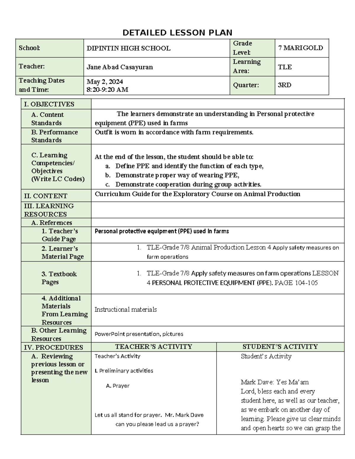 DLP TLE 7: Personal Protective Equipment (PPE) Lesson Plan - Studocu