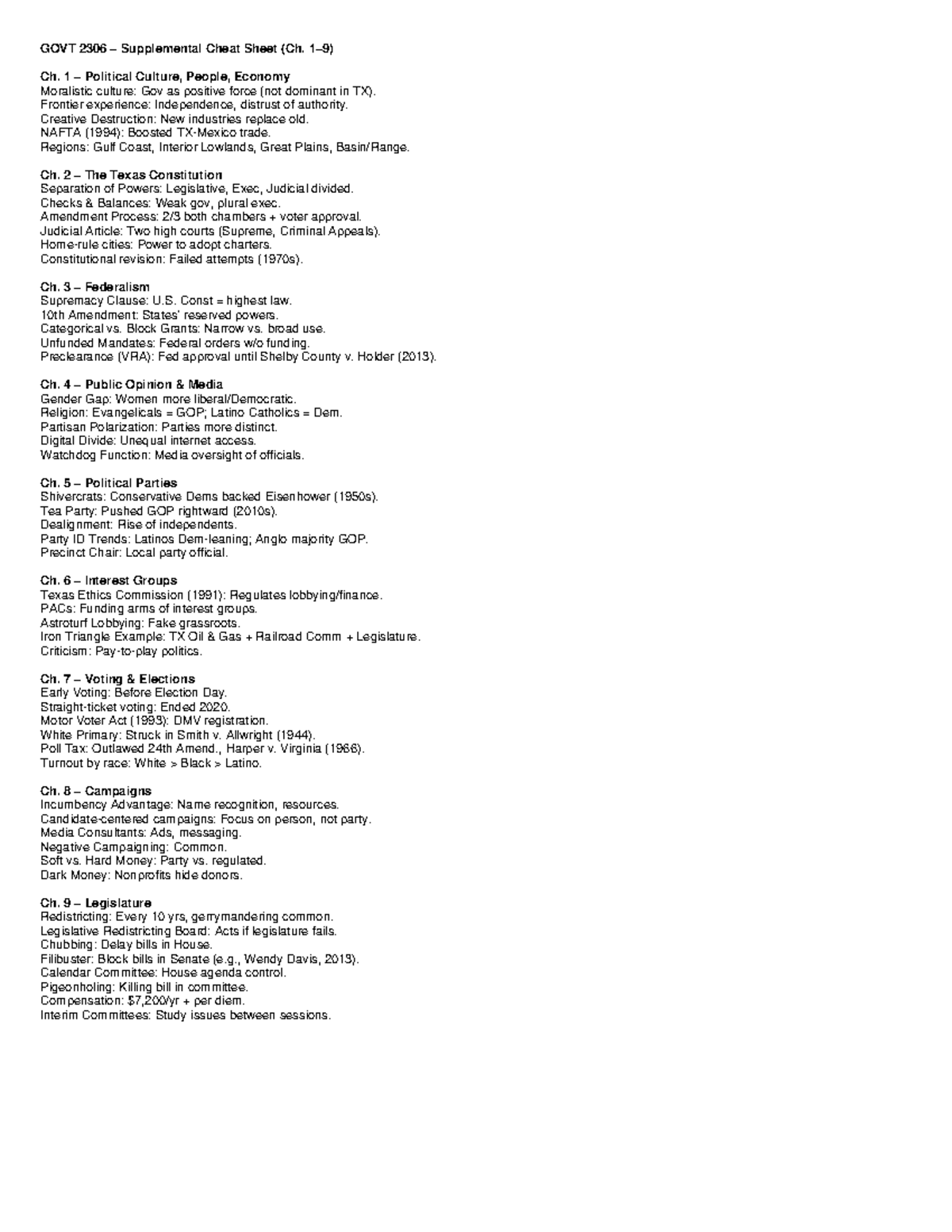 GOVT 2306 Exam 1 Supplemental Cheat Sheet: Key Concepts & Terms - Studocu