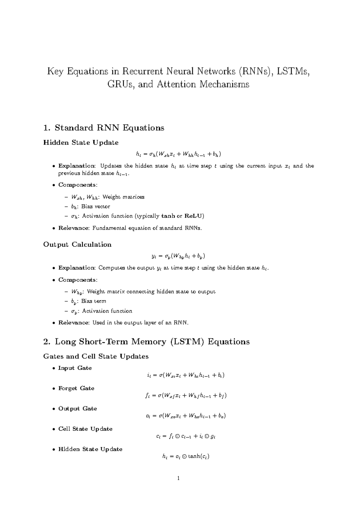 Key Equations for RNNs, LSTMs, GRUs & Attention Mechanisms - Course 1 ...