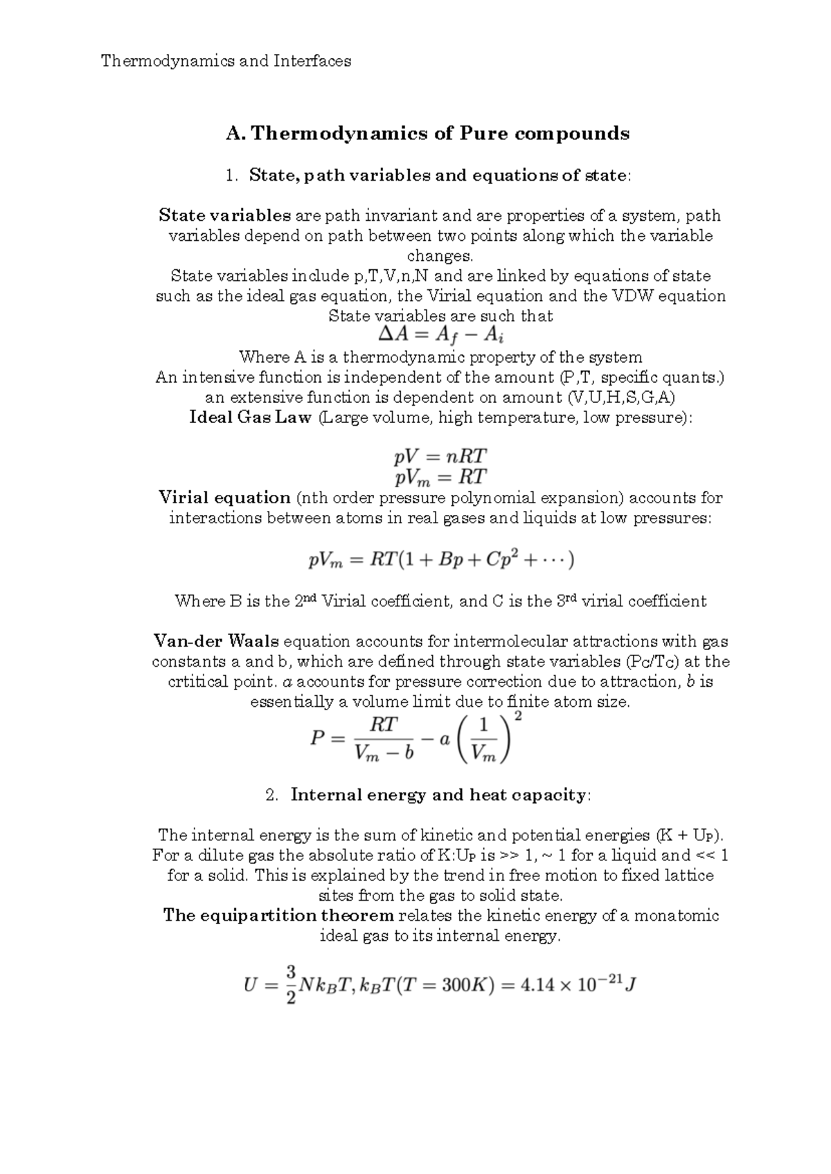 Thermodynamics and Interfaces: Detailed Notes for Course TD101 - Studocu