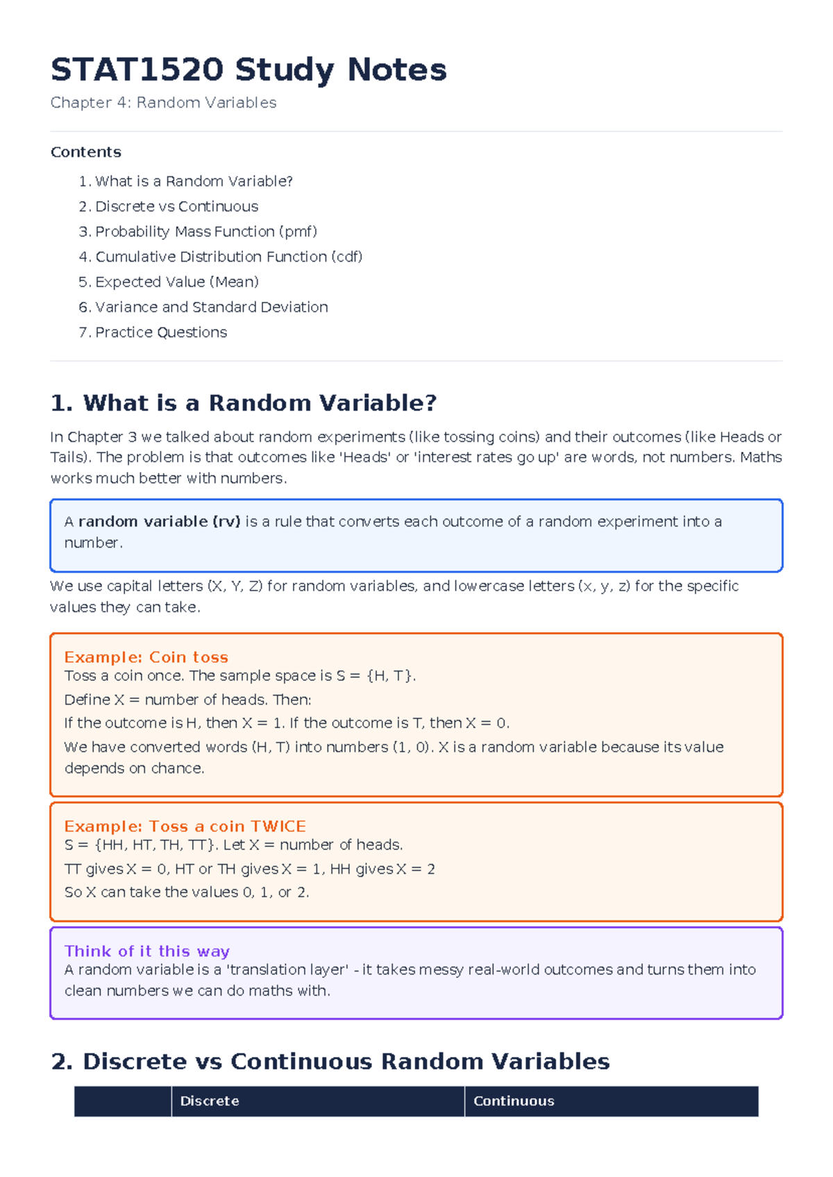 STAT1520 Study Notes: Chapter 4 - Random Variables Explained - Studocu