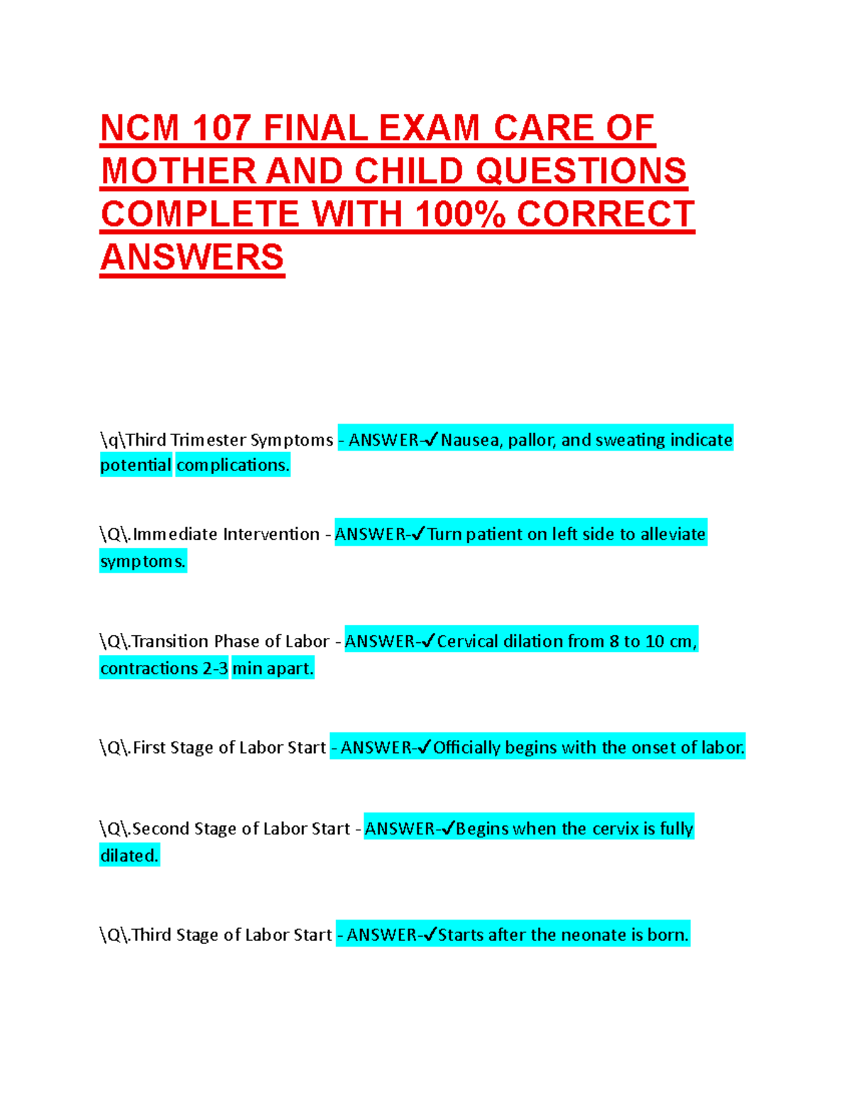 NCM 107 Final Exam: Complete Care of Mother and Child Q&A - Studocu