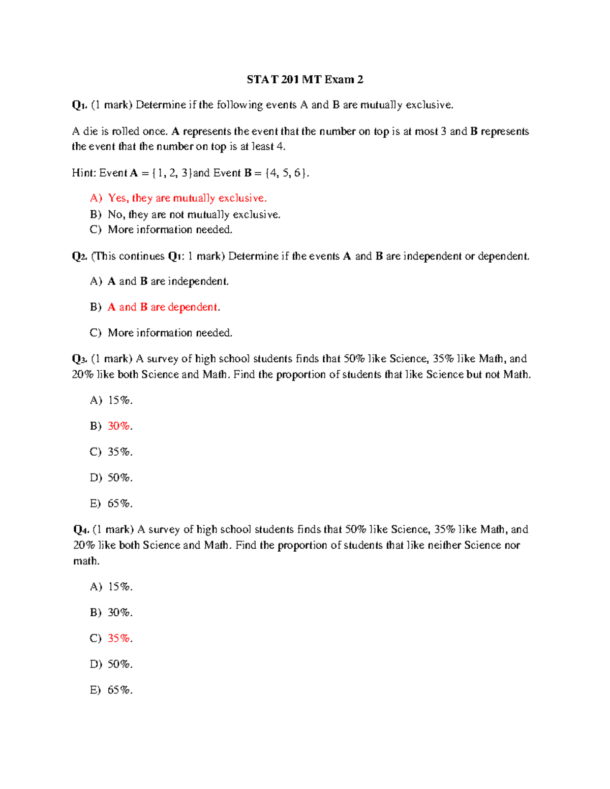 Sample STAT201 MT Exam 2 Key Solutions and Analysis - Studocu