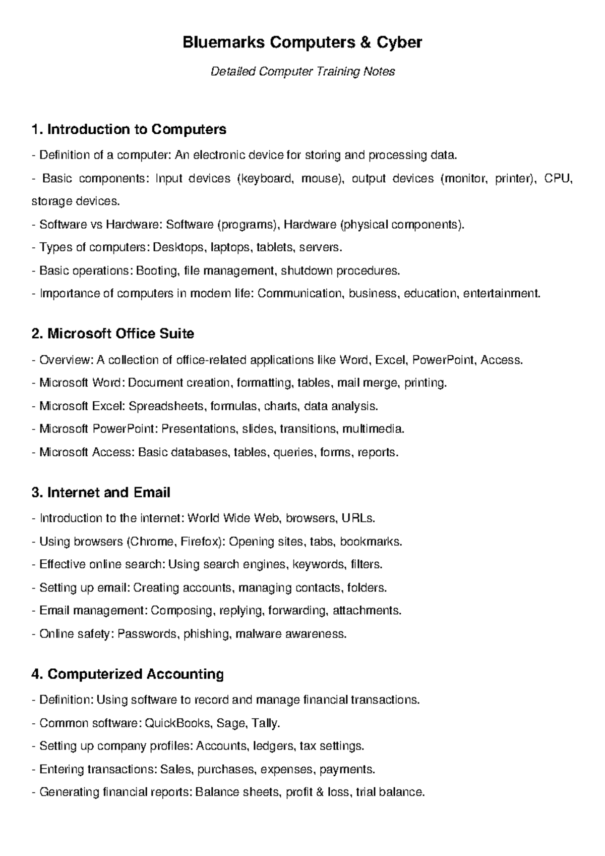 Bluemarks Computers Cyber Training Notes: Intro to Computers & Office ...