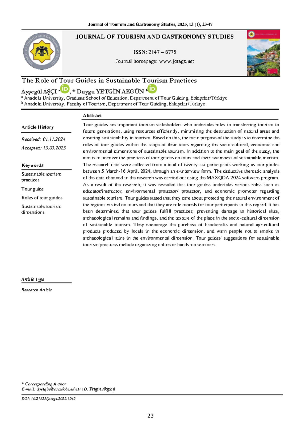 The Role of Tour Guides in Sustainable Tourism Practices (JOTAGS 2025 ...